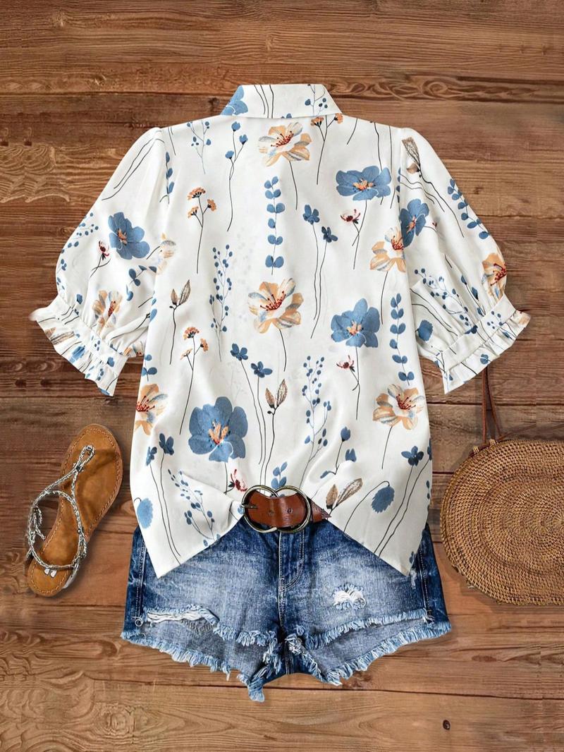 Women's Floral Print Shirt, Casual Short Sleeve Collar Top for Summer, Women's Clothing for Daily Wear