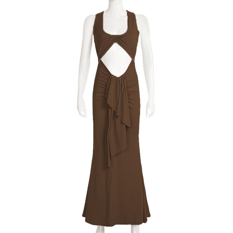 Women's Plain Twist Ruched Cut Out Tank Dress, Sexy U-Neck Sleeveless Fitted Formal Maxi Dress for Evening, Party, Club & Dating, Ladies' Clothes for All Seasons