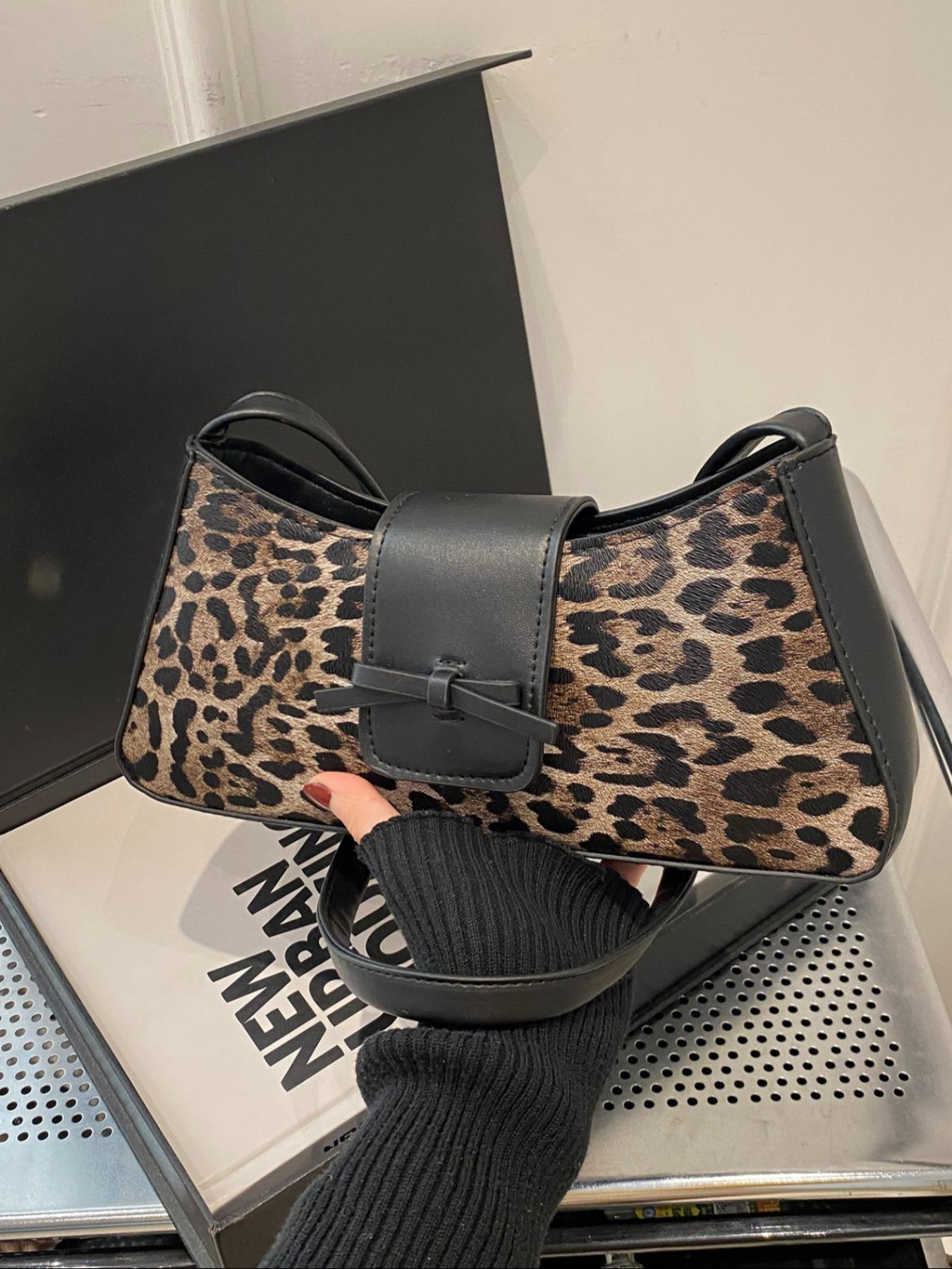 Leopard Print Fashion Trendy Bowknot Decorative Shoulder Bag, Stylish High-End Commuter Backpack, Unique Personality Design