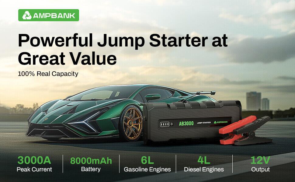 AMPBANK Upgraded AB3000 Jump Starter Portable, 3000A Battery Charger Power Bank ,compatible with 12V cars, SUVs, motorcycles ,lawn mowers