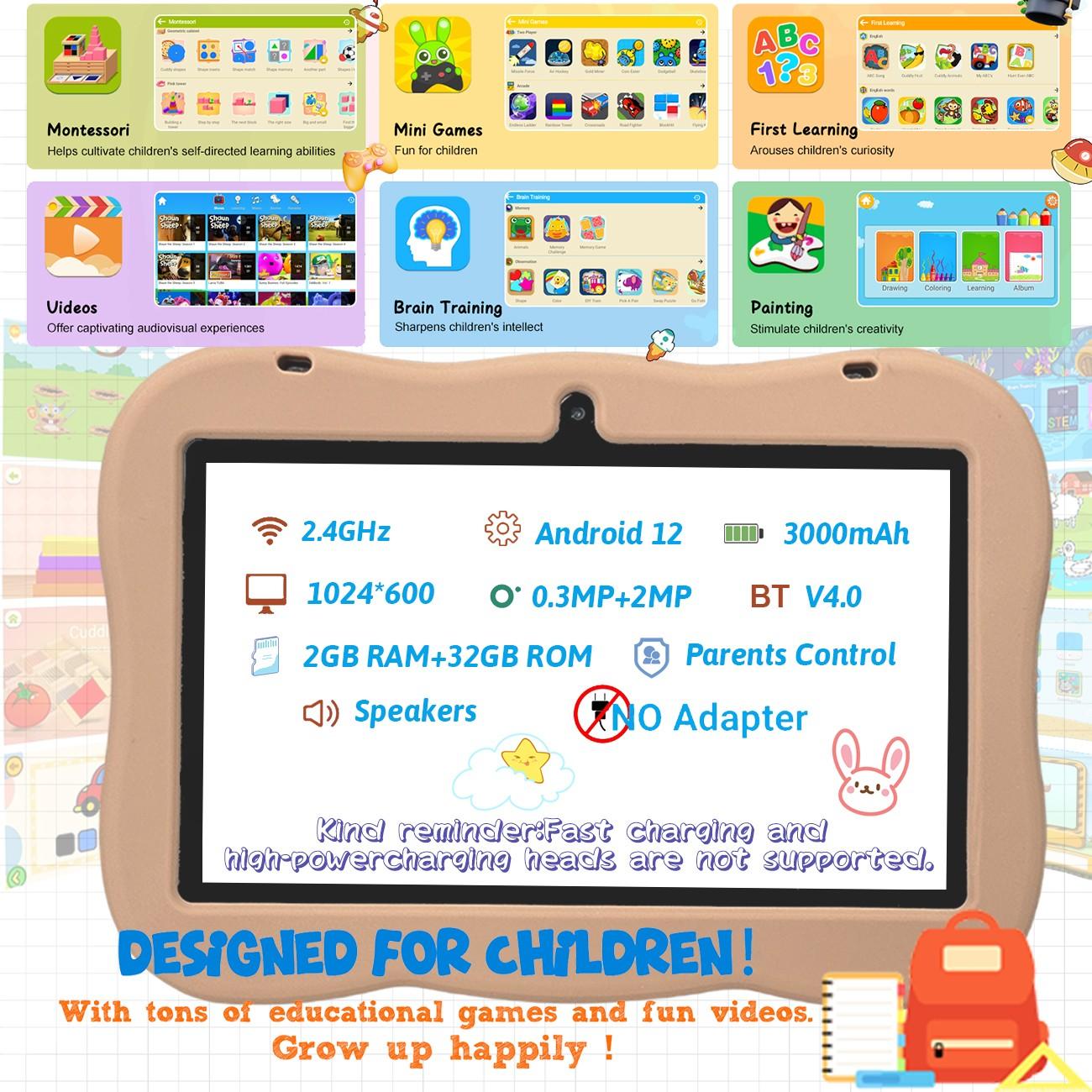 7-inch tablet | IWAWA learning application | Secure internet parental control | Sensitive touch screen+learning anti fall shell (blue/pink | no adapter) holiday gift, children have fun, parents feel more at ease
