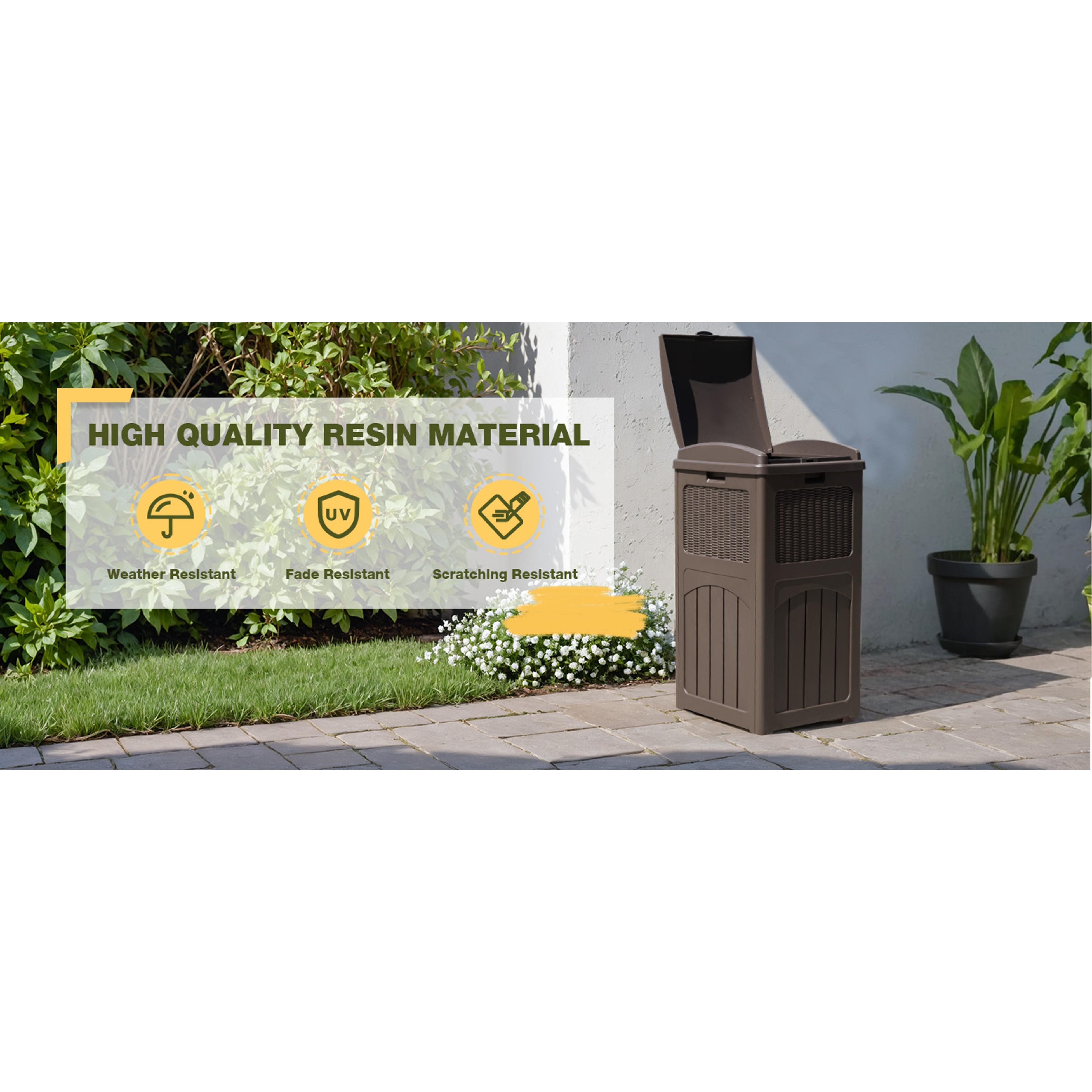 33 Gallon Outdoor Trash Can, Hideaway Garbage Bins with Tiered Lid, Waterproof Resin Outside Waste Bins for Patio, Outside Pool, Backyard and Deck(1, Deep Brown)