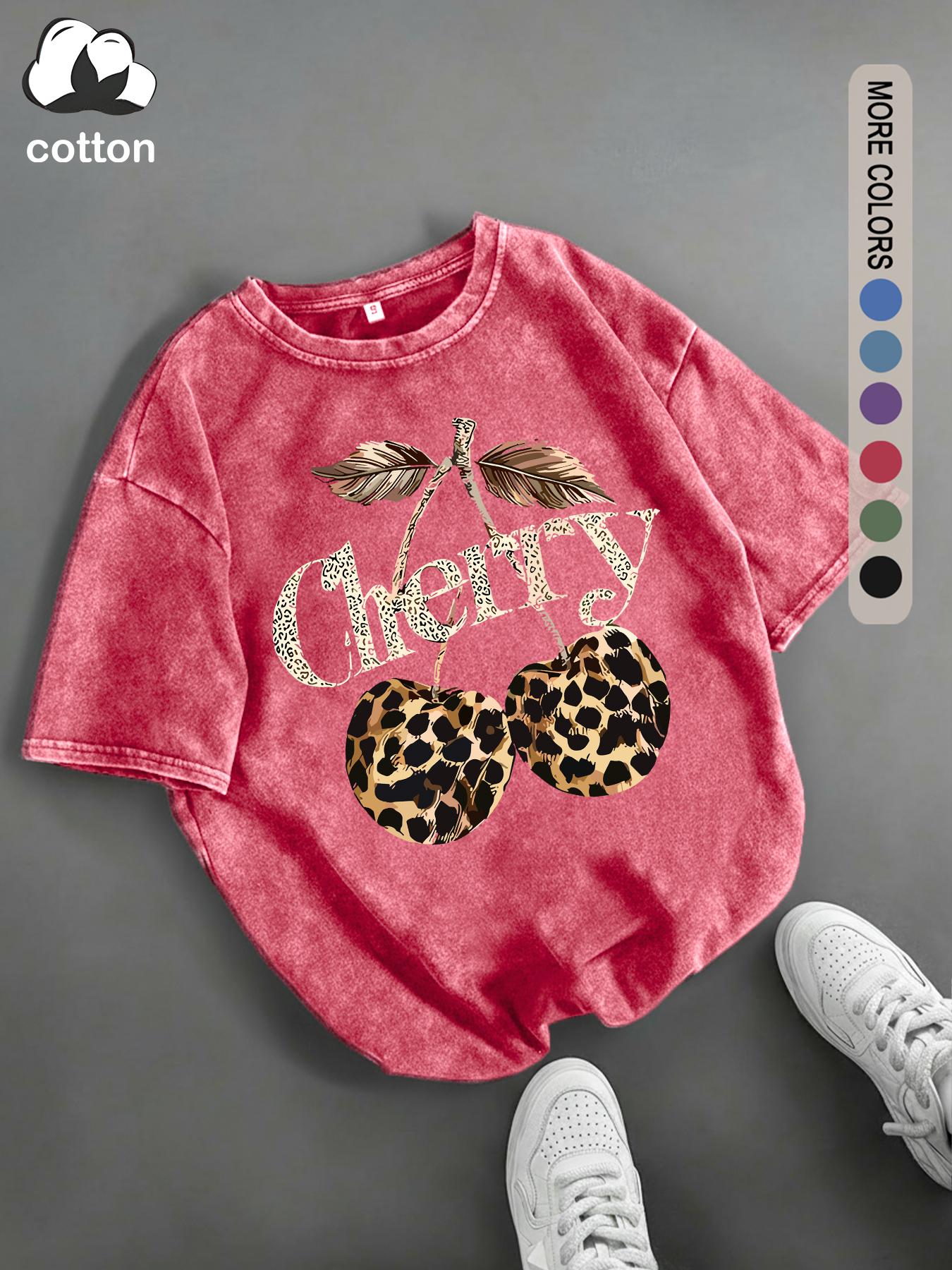Women's Cherry & Leopard Print Round Neck Tee, Vintage Trendy Casual Short Sleeve T-shirt for Daily Wear, Ladies Summer, Top