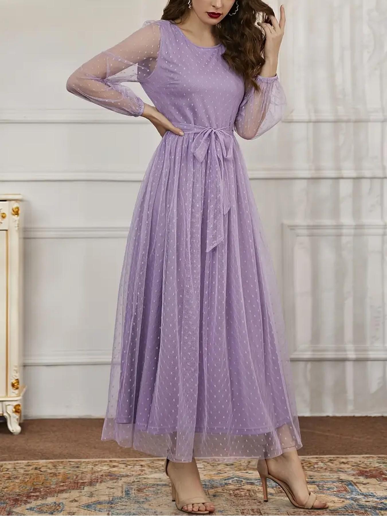 Mesh Maxi Dress for Women, Long Sleeve, Sheer, Lightweight, Fairy & Soft Vibe, Polka Dot Print, Flowy Skirt, Elegant Loose-Fitting Formal Evening Dress, Perfect for Wedding, Prom, Brunch