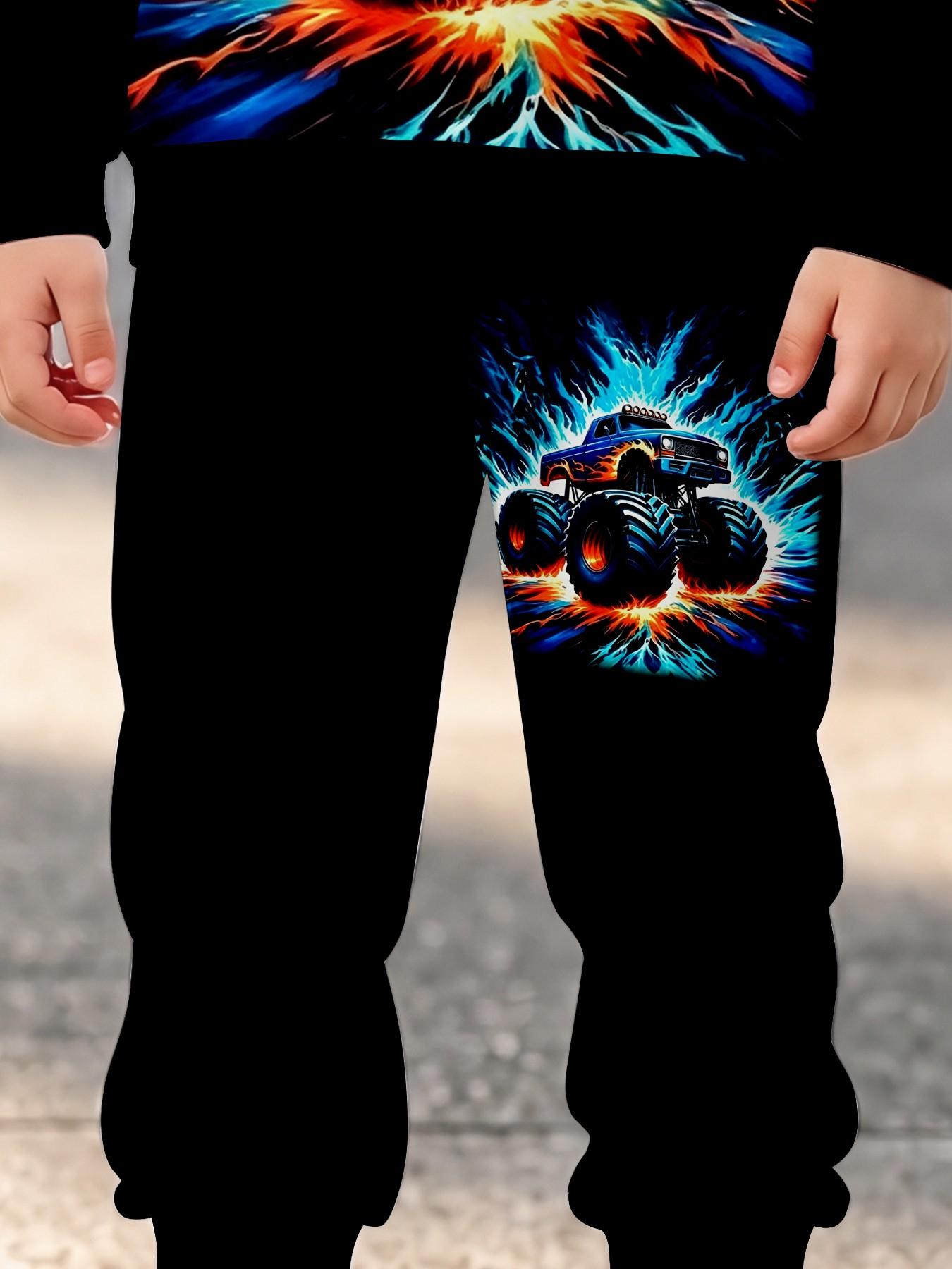 Blue Lightning Monster Truck Print Boys' Hooded Set, Casual Long Sleeve Sweapants, Loose-Fitting Natural Waist, Fall & Winter Clothing
