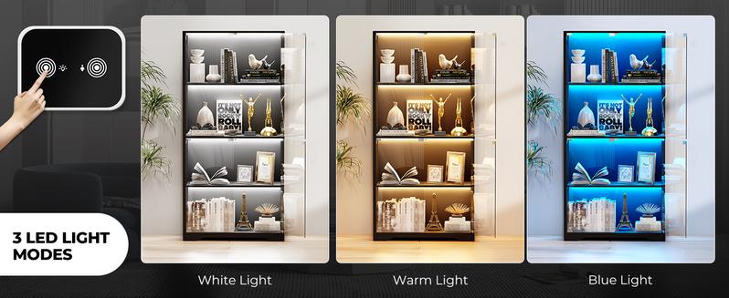 Brottar Display Cabinet with Glass Doors, Storage Cabinet with 3 Color Light, 4-Tier Curio Cabinet&Bookcase for Collectibles, Toys, Books, for Playroom, Bedroom, Study Room, Black