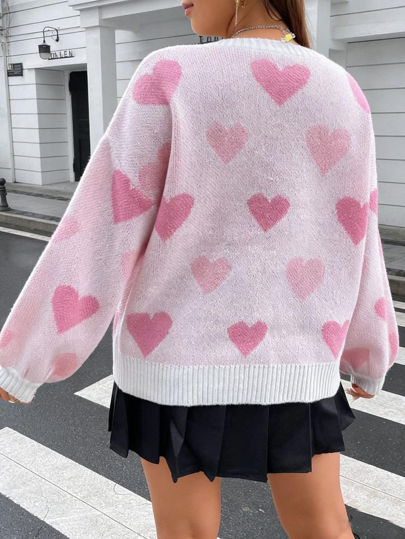 Women's Plus Size Heart Knit Sweater, Long Sleeve Round Neck Pullover, Casual Loose Fit, Valentine's Day and Holiday
