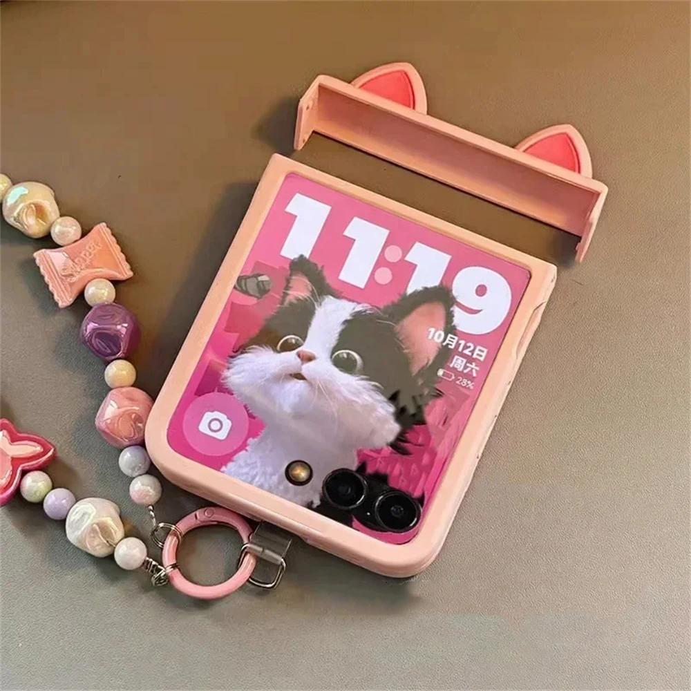 Japan Korean Cute Pink Ears Candy Bracelet Hinge Case for Motorola Razr 60 50 40 Ultra 60Pro Razr Plus 2023 2024 2025 Cover