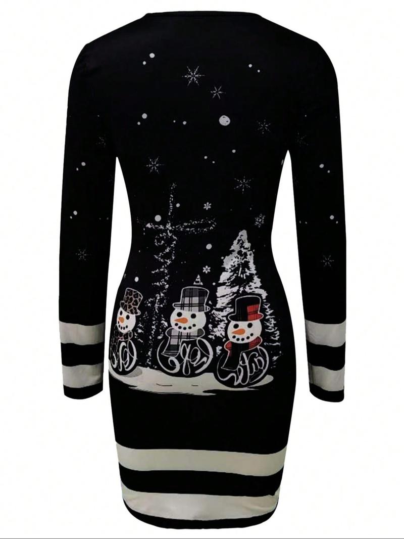 Women's Casual Christmas Print Striped Fitted Dress, Small Snowman Cartoon Print, Long Sleeve, Short Length, Fall Winter Holiday Wear Women's Casual Christmas Print Striped Fitted Dress, Small Snowman Cartoon Print, Long Sleeve, Short Length, Fall Winter Holiday Wear