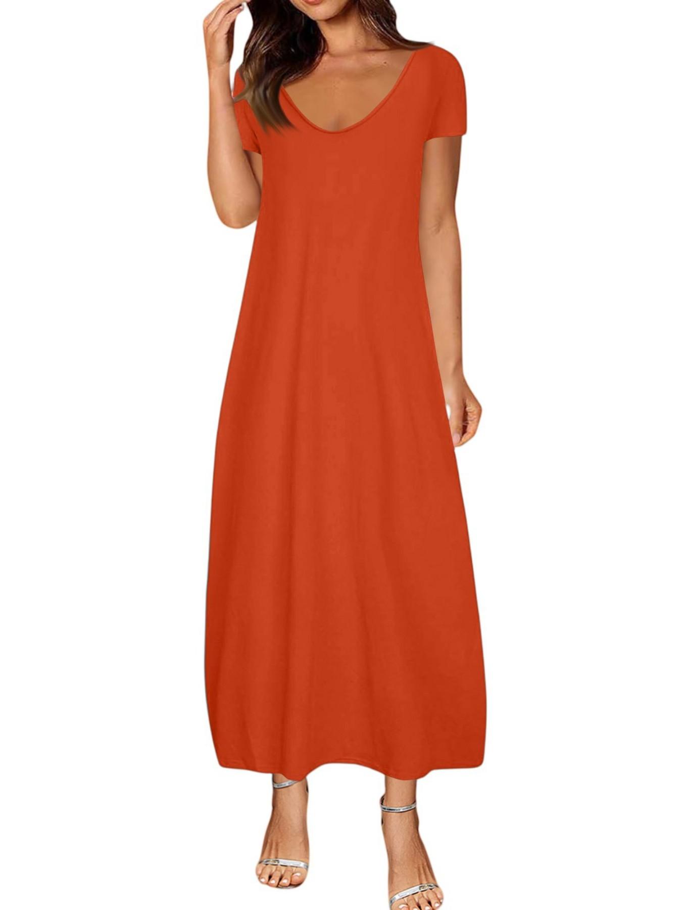 Women's Long Dress 2026, Coffee Color Everyday Casual Round Neck Short Sleeve Pockets Sleepwear, Soft Comfortable All-Season Dress