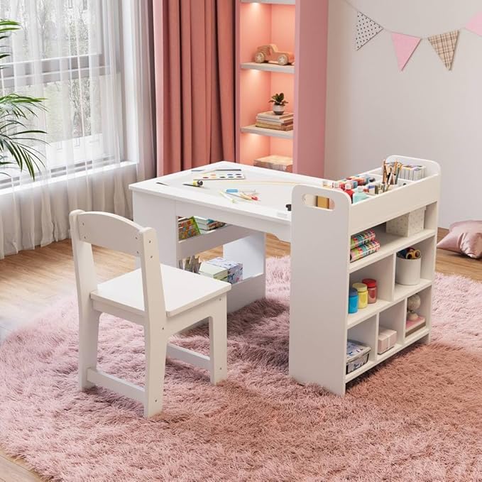 49" Art Table, Large Craft Table with 2 Chairs, Multi-Functional Art Desk with Storage Shelves for  Playroom,School
