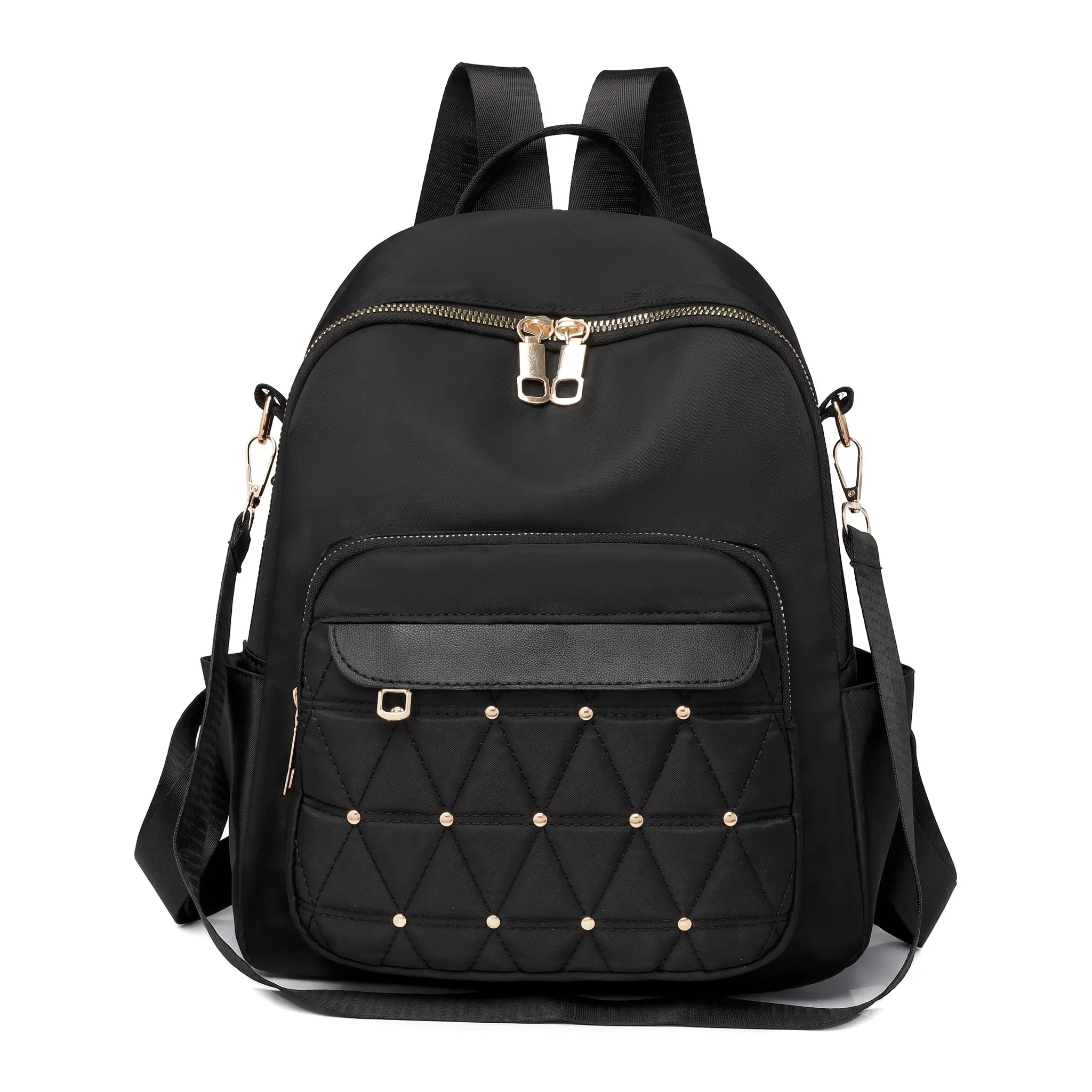 Women's Urban Minimalist Chic Plain Nylon Backpack - Riveted, Large-Capacity, Adjustable Strap, Zipper Closure, Phone Slot Casual Daypack for Daily Use (Blue, Black, Red, Khaki)