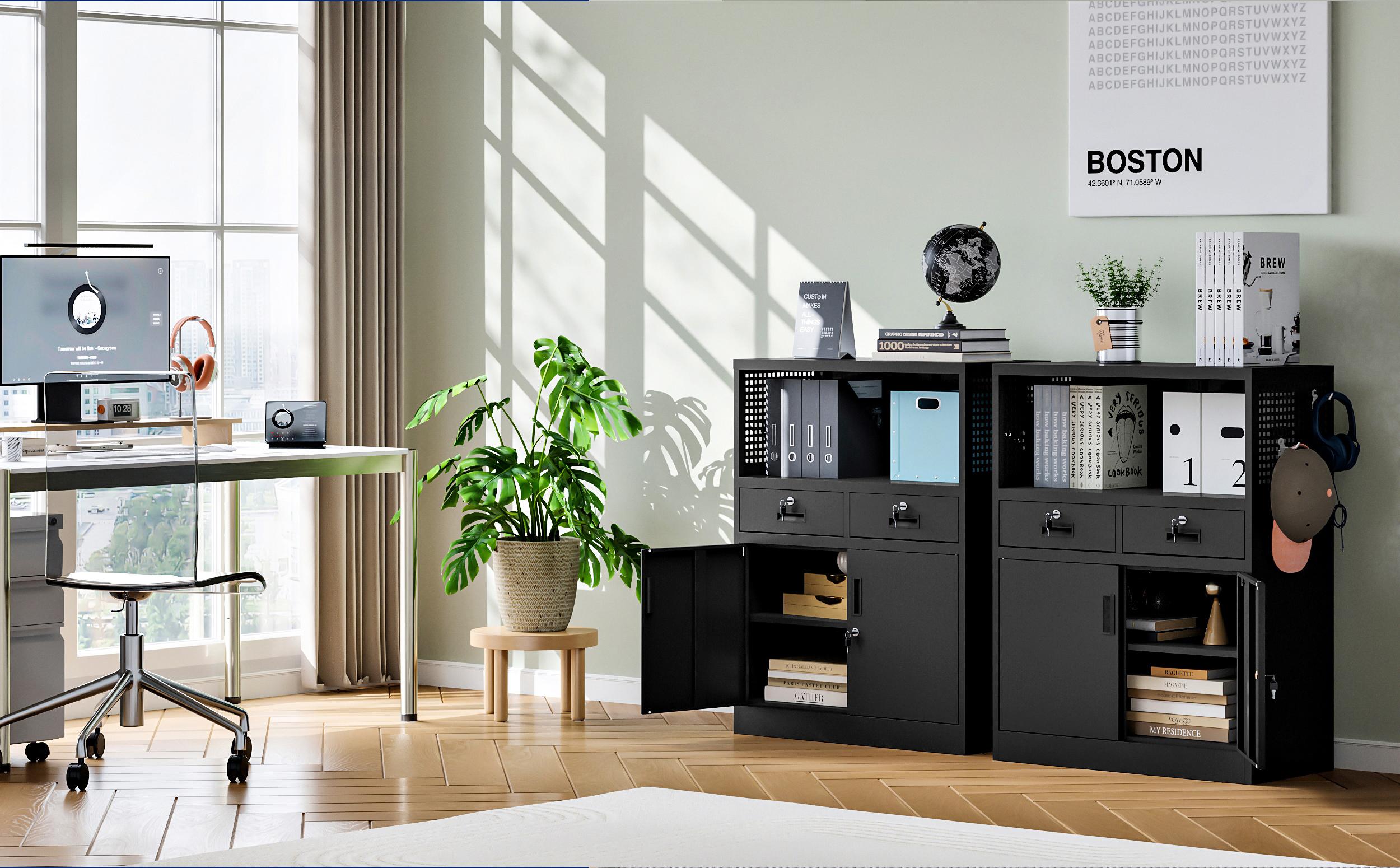 Yizosh Metal Storage Cabinet with 2 Drawers and Locking Doors,- 41.3" Steel Lockable Storage Cabinet with Shelves for Home Office,Garage,School (Black) Yizosh Metal Storage Cabinet with 2 Drawers and Locking Doors,- 41.3" Steel Lockable Storage Cabinet with Shelves for Home Office,Garage,School (Black)