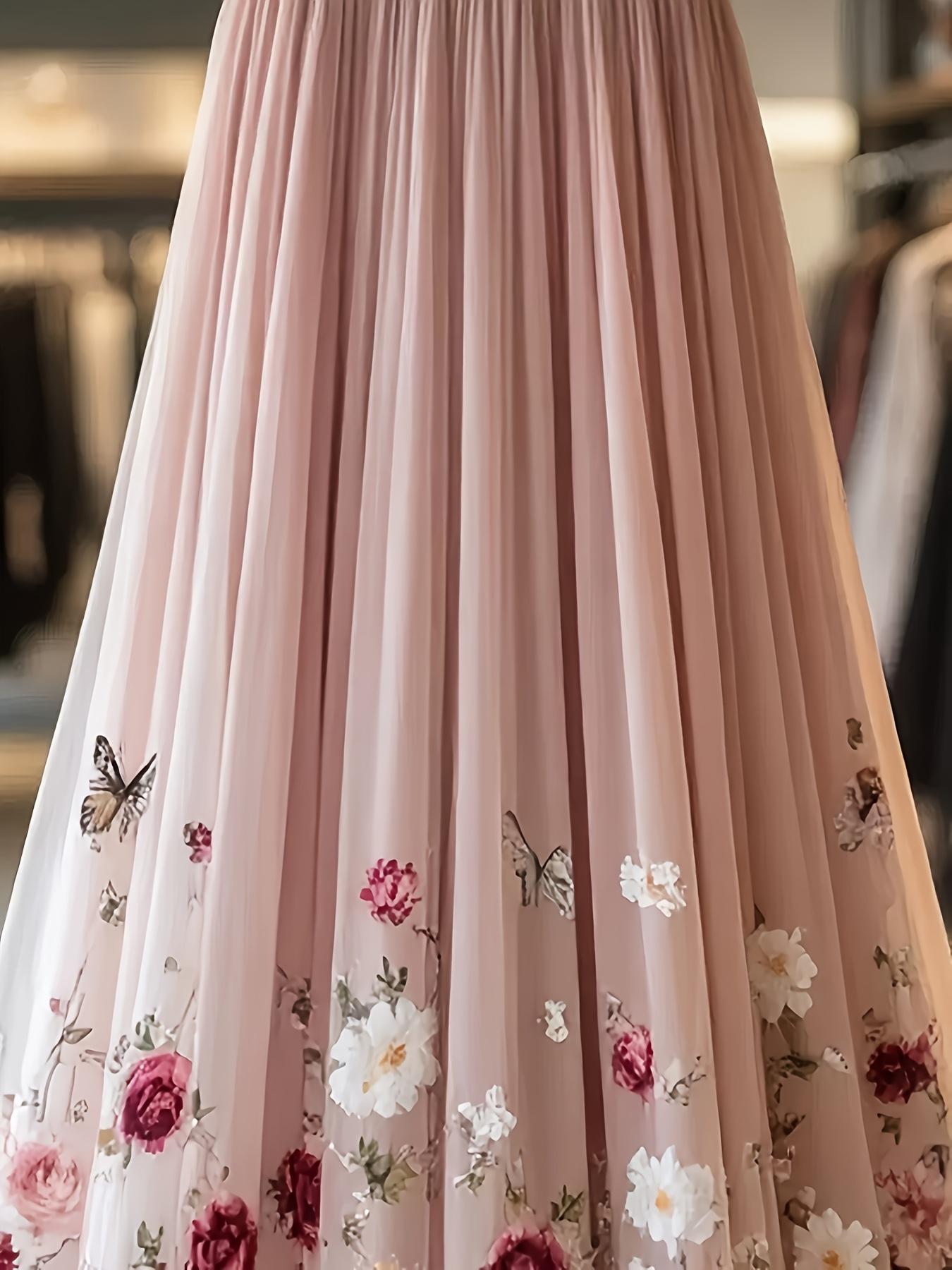 Elegant Rose Print Mesh Fitted Half Body Skirt, Long Floral Pattern Dress, Women's Fashion Clothing, Perfect for Parties & Special Occasions, Womenswear Bottoms