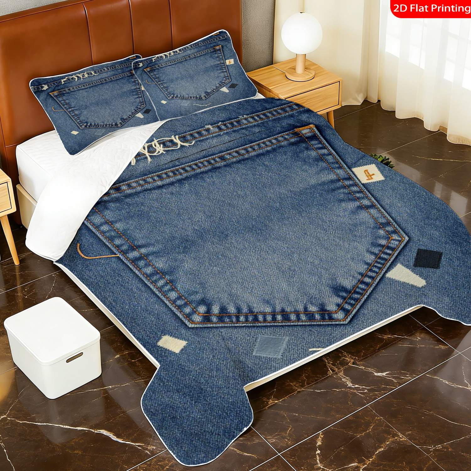 3 pcs, 2D flat print Denim Patchwork bed cover set, Jeans-inspired theme, multiple sizes available, bedding set, festive decorative bedding, ideal for bedroom decor(1 bedspread , 2 pillowcases)