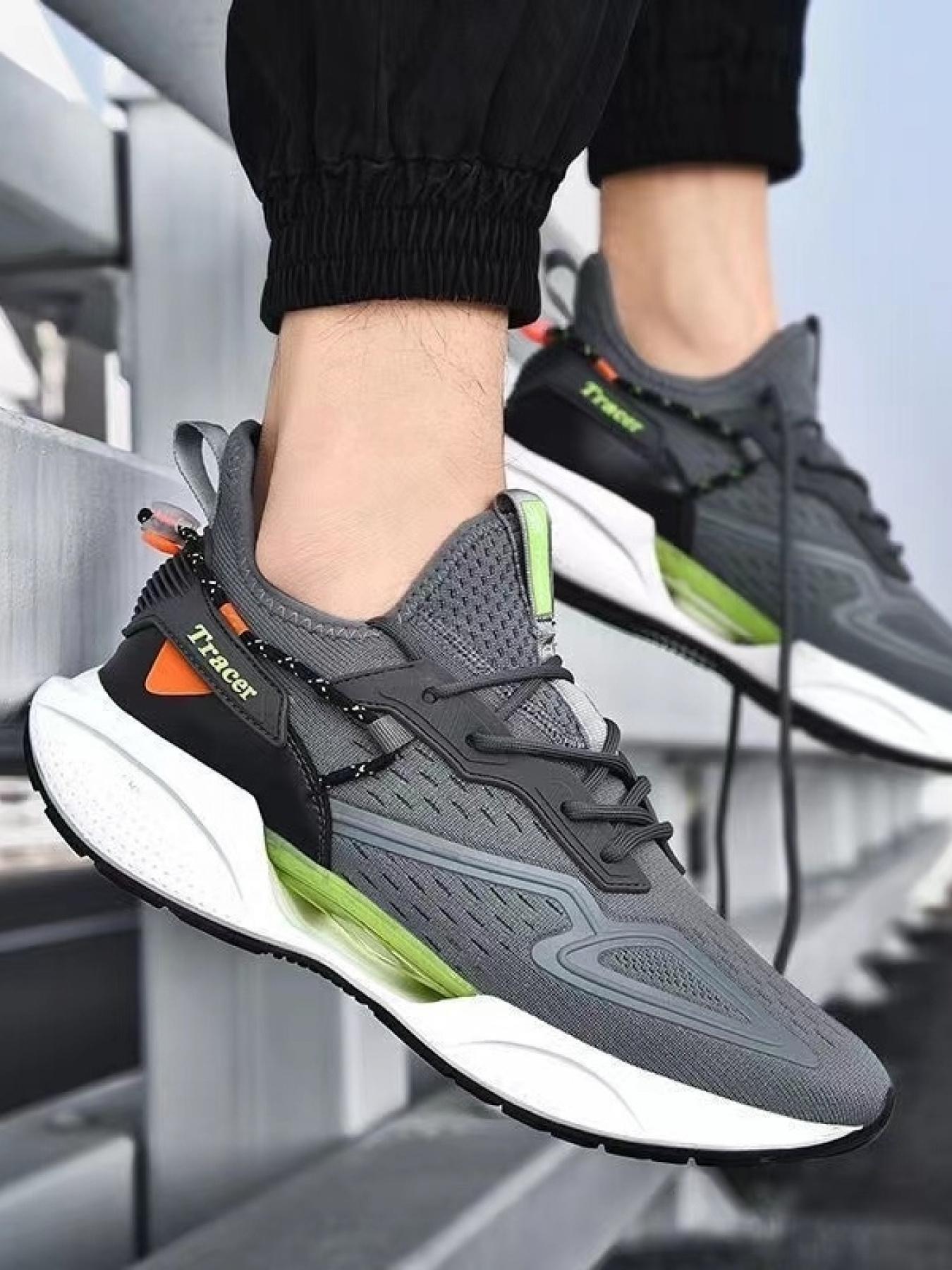 Men's Black & White Color Block Trendy Running Shoes, Breathable Mesh, Comfortable Cushion, for Sports & Daily Wear