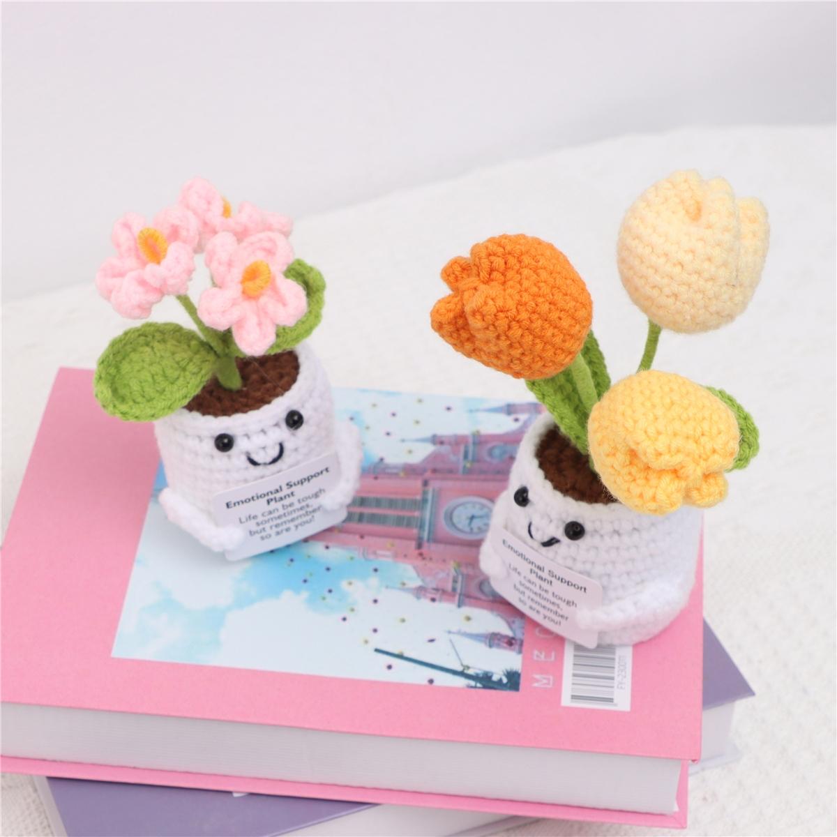 Crochet Flower Pot, 4 Counts/set Cute Crochet Flower Pot, Emotional Support Mini Knitting Flower Pot, Home Decor for Living Room Bedroom, Crochet Artificial Flowers