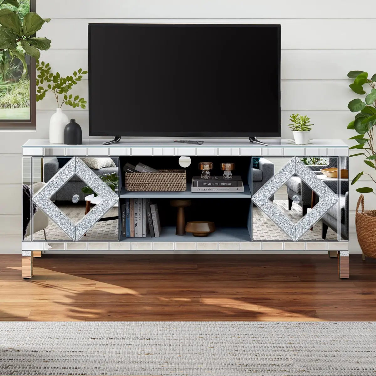 Dufominc 65 in Silver Mirrored TV Stand - Diamond-Shape Sparkle Effect Mirror Doors Console Table, Open Storage & 2 Cabinets for Living Room (59W x 25H x 15D)