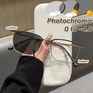Luxury Photochromic Myopia Glasses Anti Blue Light Short-sighted Sunglasses Unisex Metal Frame Minus Diopters Sunglasses To -4.0