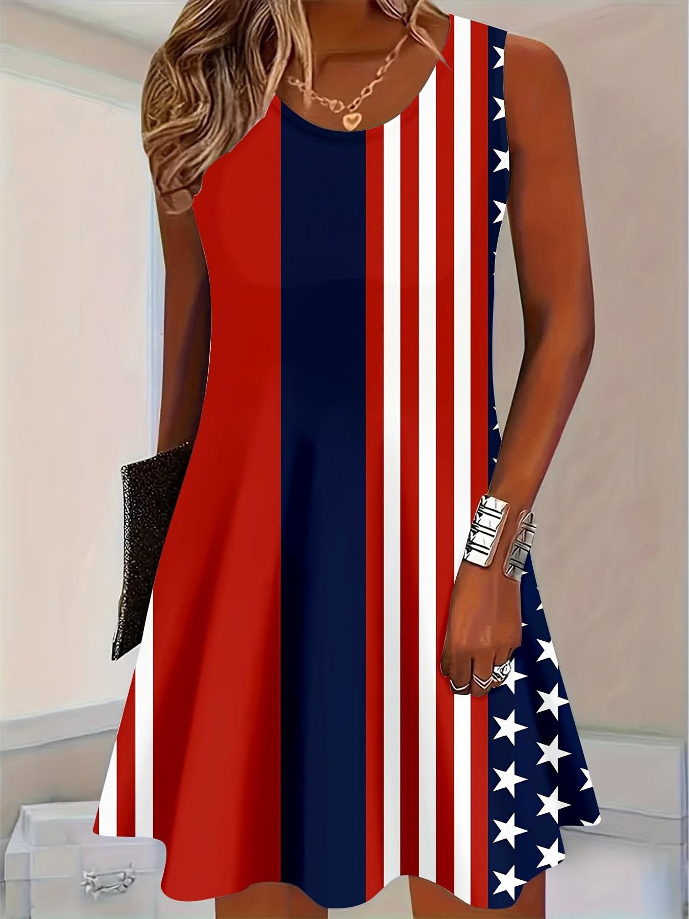 Women's sleeveless A-line dress featuring a U.S. flag print, perfect for celebrating Independence Day