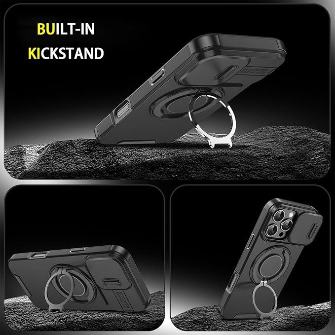 Case with Slide Camera Cover for iPhone 16 15 14 13 12 Pro Max, Rotated Ring Kickstand Military Grade Shockproof Protective Cover Rugged Heavy Duty For Men Women