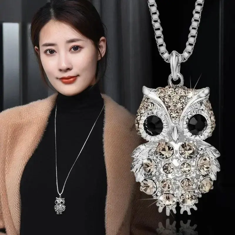 New Korean Cute Sweater Chain Crystal Owl Necklace Long Women's Autumn and Winter Clothes Pendant Accessories