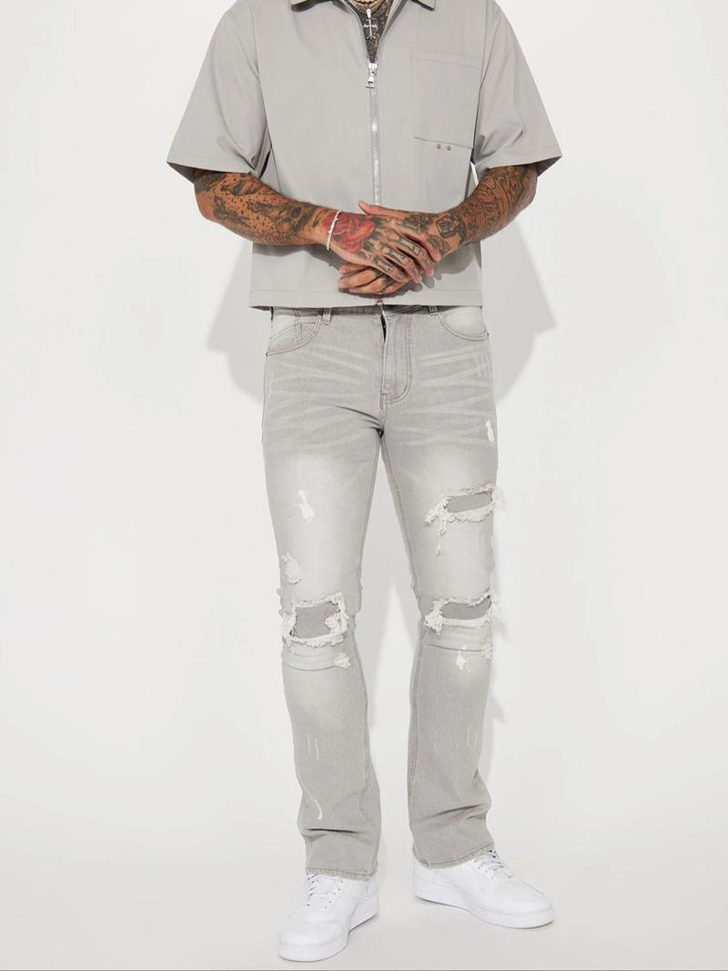 Men's Loose Straight Leg Denim Jeans, All-Season Street Style Business Jeans, Casual Ripped Design, Long Trousers for Men