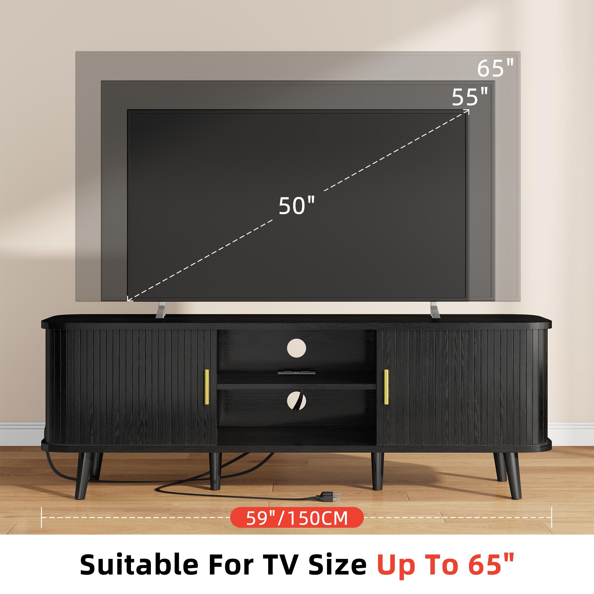 Aowos 59" TV Stand, Fluted TV Stand for TVs up to 65", Entertainment Center with Storage Compartment and Sliding Doors, Modern Media Console with Power Outlet for Living Room