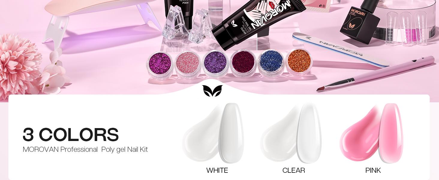 MOROVAN 1OZ 30g Poly Gel Nail Starter Kit: Large Capacity Poly Nail Gel Kit with UV Light - Clear Pink Poly Extension Gel for Beginners with Everything All In One Poly Gel Kits for Nail Manicure Starter