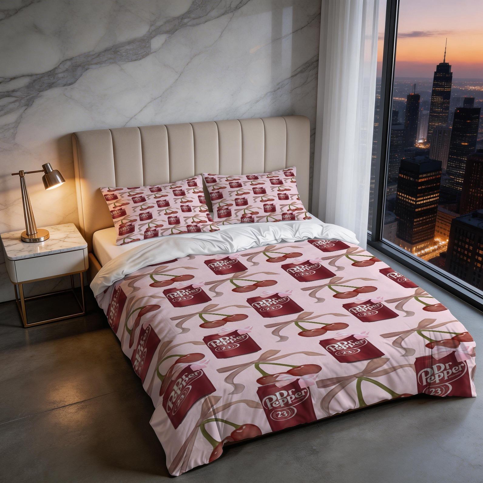2/3 Piece Dr Pepper Duvet Cover Set, 1 Duvet Cover + 1/2 Pillowcases (NO FILLING INCLUDED), Retro Soda Drink Themed Bedding, Cute Floral Bedroom Decor for Soda Lovers, Ideal Gift for Dr Pepper Fans