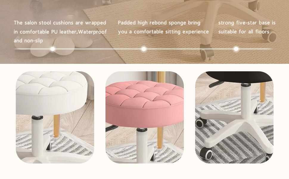 【Black Friday】Small Chair Round Rolling Stool with Wheels PU Leather Height Adjustable Swivel Drafting Work SPA Salon Stools Home Office Chair