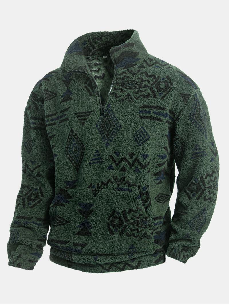 Men's Flannel Ethnic Print Hoodie, High Neck Half-Zip Pullover with Pocket, Warm Autumn Winter Casual Sportswear