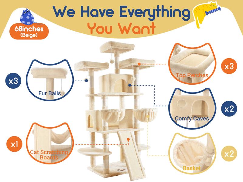 Allewie 36in/65in/68in  Multi-Level Tall Cat Tree for Indoor Cats/Larger Tower with Wide Base/Cozy Plush Cat Perches/Cat Condo with Hammock/Sisal Scratching Posts#TikTokShopfalldealsforyou