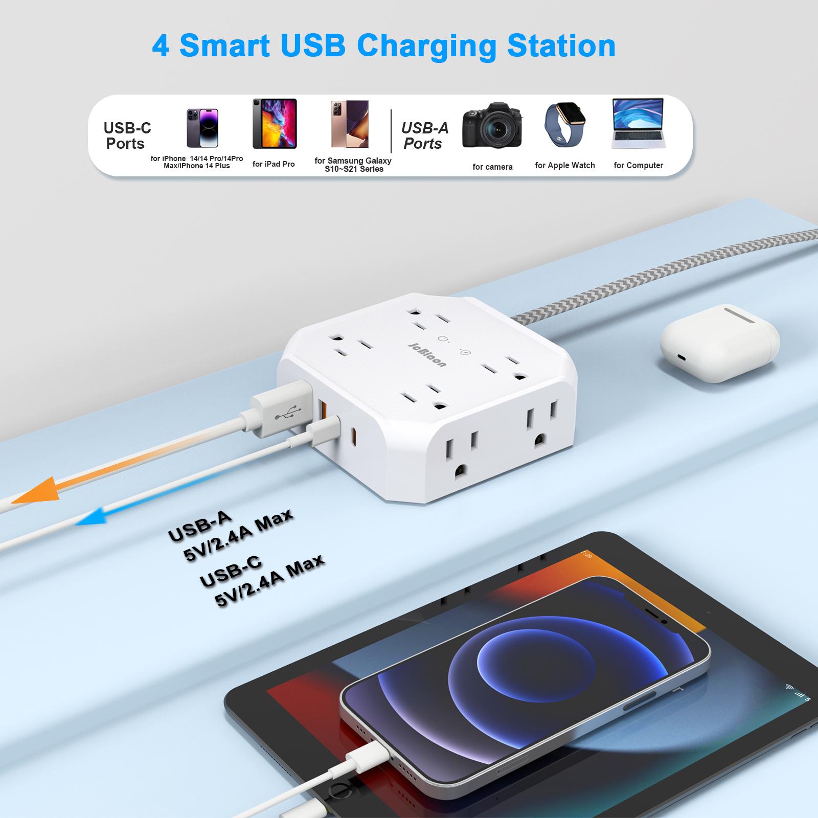 5/10/15ft Surge Protector Multifunctional Power Strip - 8 Widely Outlets with 4 USB Ports, 3 Side Outlet Extender, Flat Plug, Wall Mount, Desk USB Charging Station for Home Office, College Dorm Room Essentials