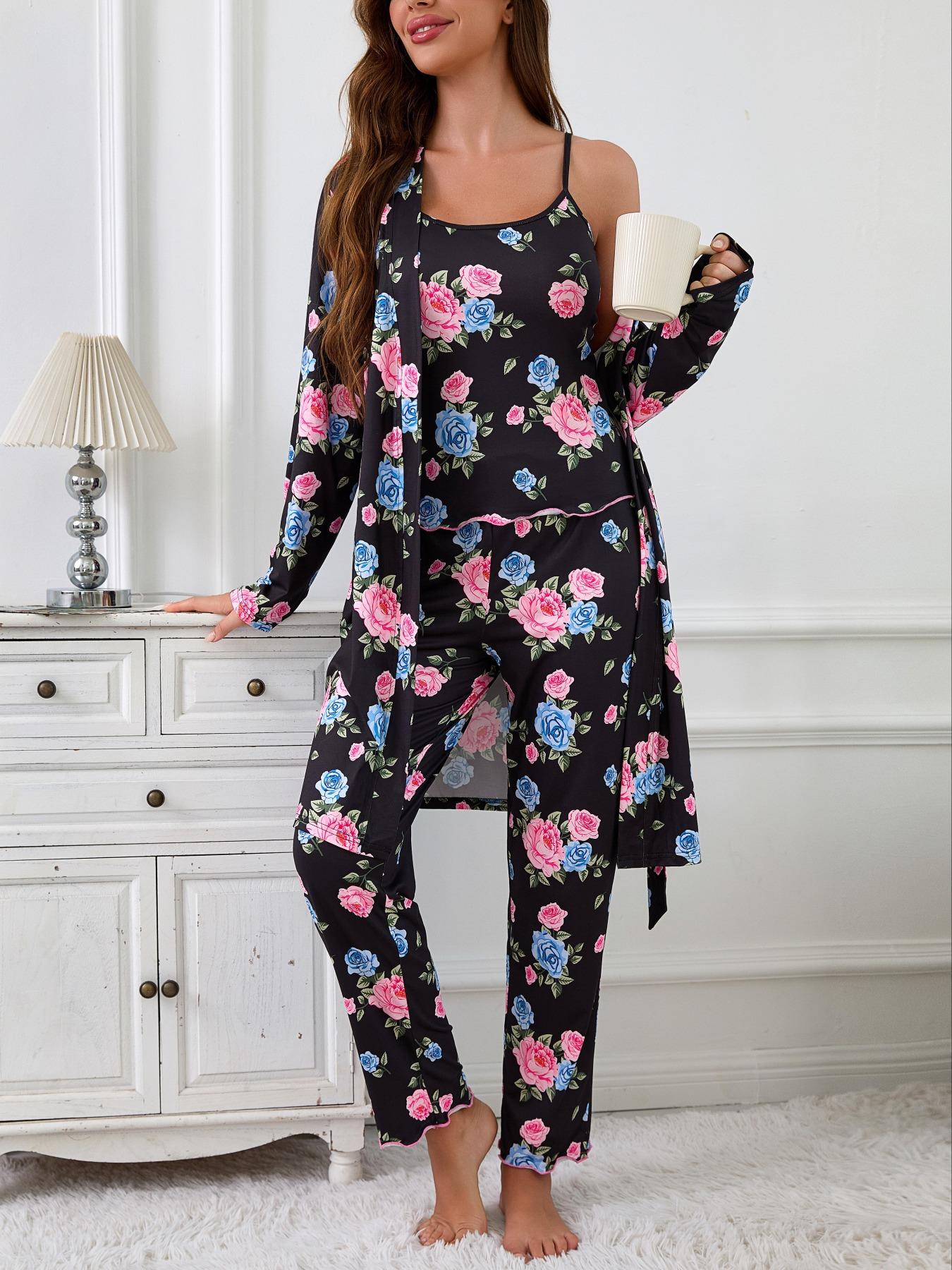 Floral Print Women's Robe Set + Strap Pants Three-Piece Comfortable Pajama Sleepwear Suit, Casual Home Wear for All Seasons