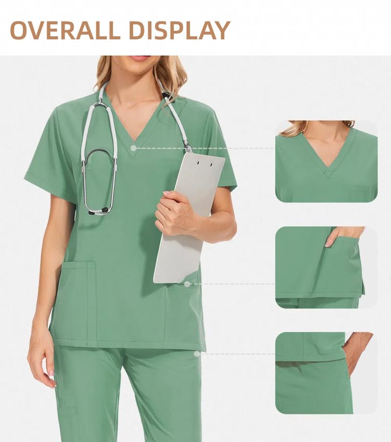 Women's Handwashing Suit Set, Uniforms, V Neck Quick-Dry Breathable Top, Slight Stretch Straight Leg Pants, Multi-Pocket Design, Hospital Clinic Home Wear