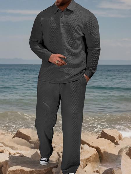 Men's Textured Long Sleeve Polo Shirt & Drawstring Pants Set, Casual Fitted Design, All-Season Wear, Comfortable Fit Men's Textured Long Sleeve Polo Shirt & Drawstring Pants Set, Casual Fitted Design, All-Season Wear, Comfortable Fit
