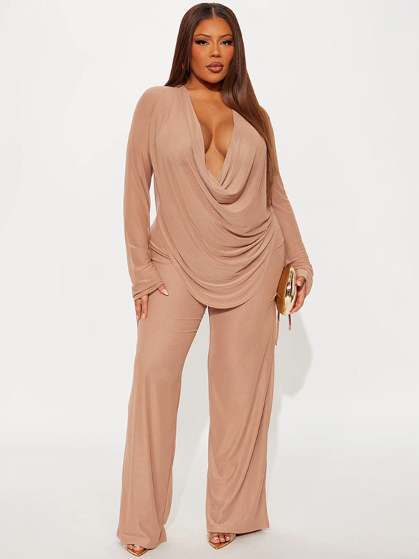 Women's Fashion Casual Two-Piece Set, Deep V Mesh Top & Wide Leg Pants, Trendy Long Sleeve Tie Design, Perfect for Daily Wear