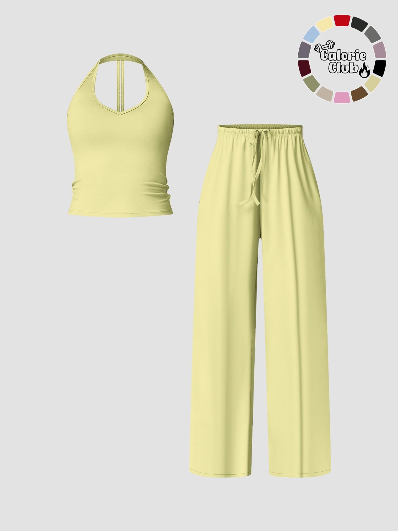Women's Quick-Dry Sports Tank Top, Casual High-Waisted Bell Bottoms, Comfortable Sporty, All-Season Plain Style, Casual Sportswear Set, Casual Sportswear Outfit