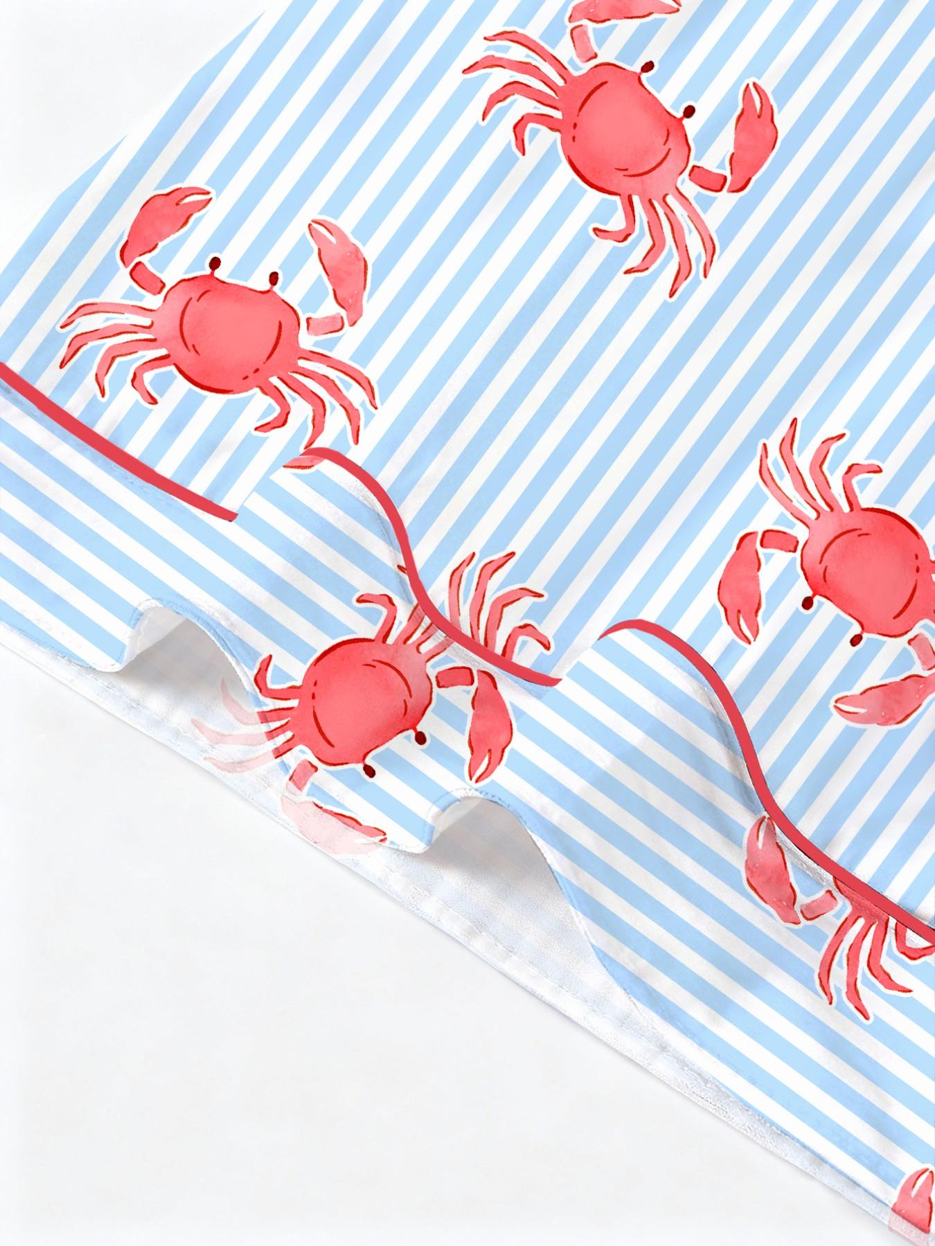 Women's 2-Piece Crab Print Pajama Set, Short-Sleeve Button-Up Top & Elastic Shorts, Casual All-Season Sleepwear, Homewear and Loungewear Set for Home and Party