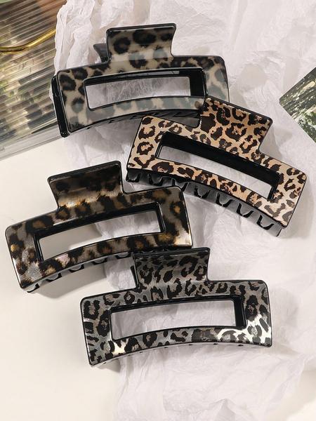 4pcs/Set Medium Leopard Print Square Hair Claws, Versatile Plastic Square Hair Clips, Damage-Free Hair Accessory, Leopard Hair Claw, Suitable For Daily Wear, Parties, Gifts, Autumn/Winter Valentine's Day,Hair Accessories,Claw Clips,Hair Jaw Clip