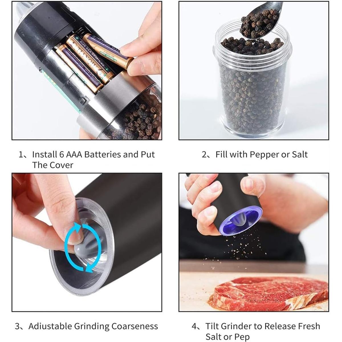 Stainless Steel Gravity Electric Pepper Grinder, Adjustable Coarseness Salt & Pepper Mill with LED Light, Salt Grinder with Brush(Without battery)