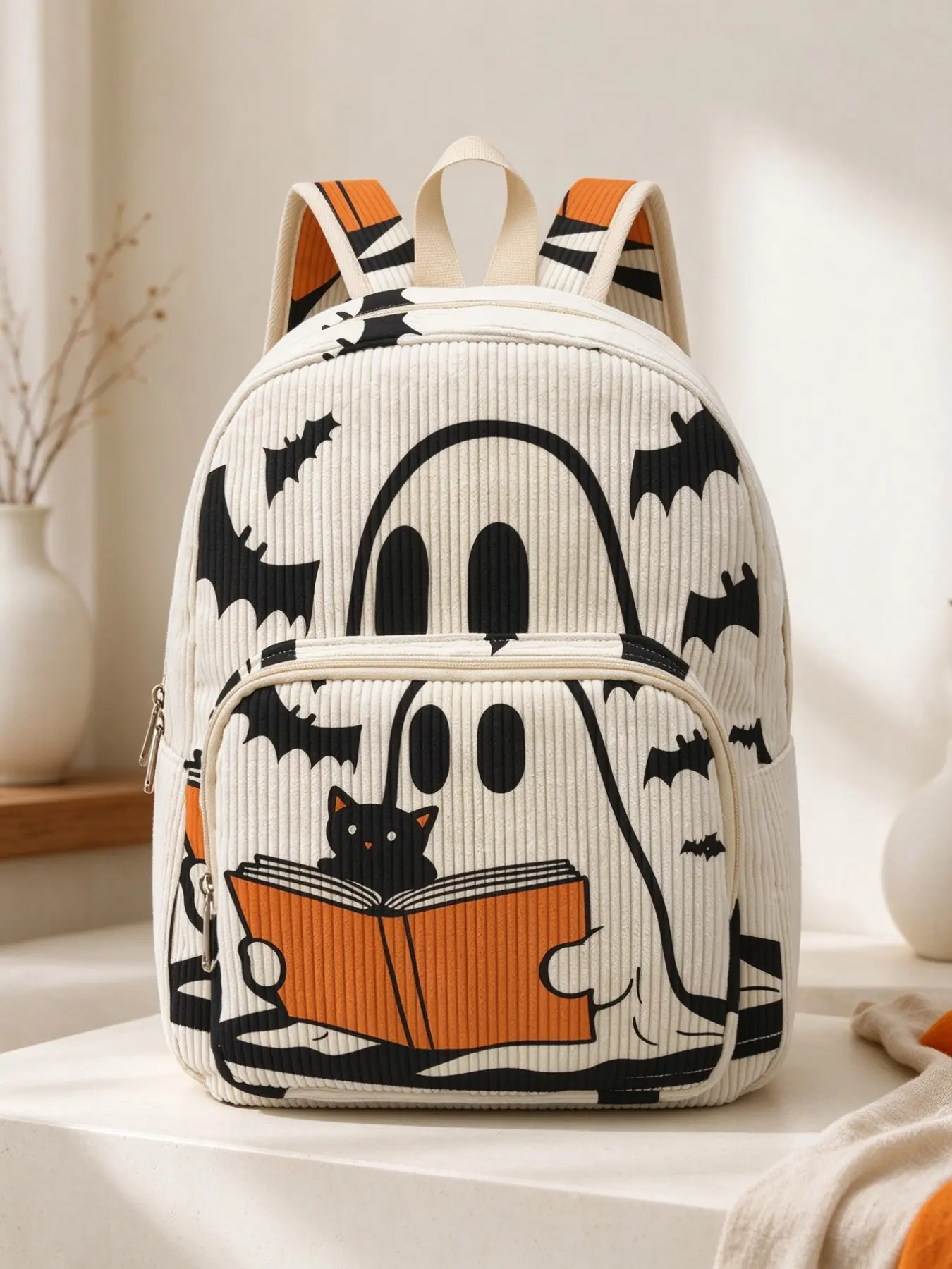 Cartoon Ghost Print Women's Backpack, Velvet Texture, Layered Storage, Lightweight, Ideal for School, Shopping, Short Trips