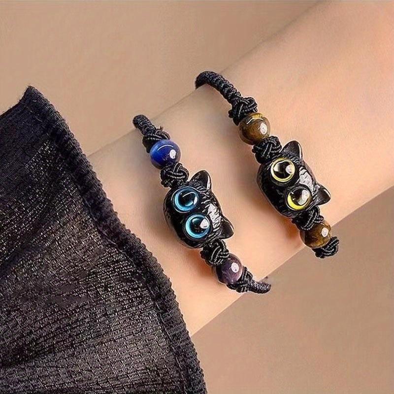 Ancient-Style Woven Cord Kitten Motif Bracelet - Cute Black Kitten Design, Adjustable Size, Bowknot Accent, Unisex Wear, Gift Ideas for Friends or Couples