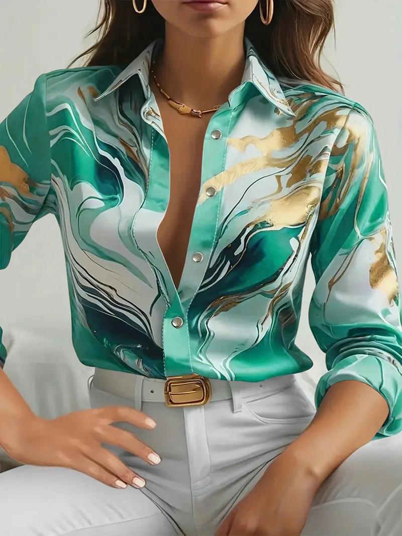 Women's Random Print Curved Hem Satin, Casual Long Sleeve Button Front Collared Blouse Top for Daily Wear, Ladies Clothes for All Seasons