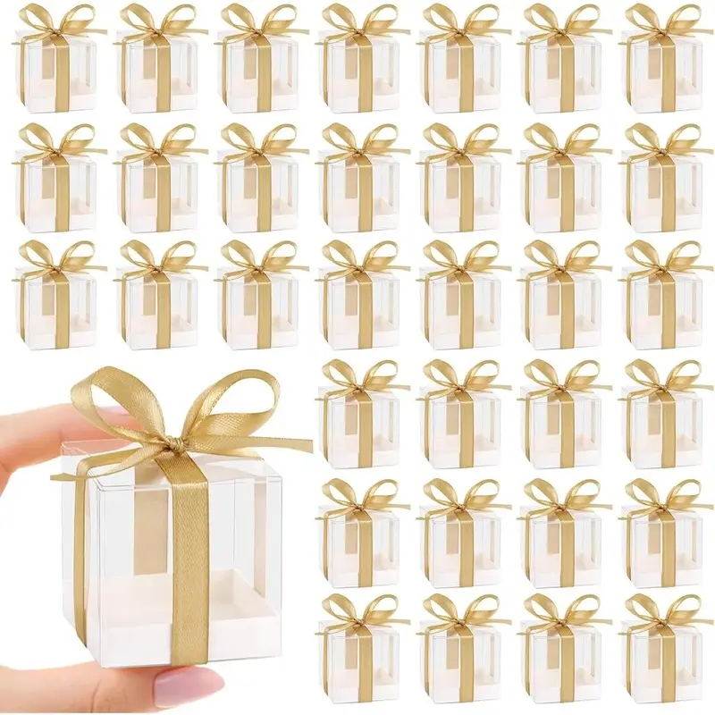 50-Pack Mini Size Plastic Candy Boxes, 2x2x2 Inches with Ribbons, Festive Party Favor Boxes for Wedding, Birthday Party Home & Festive Supplies, Plastic Boxes