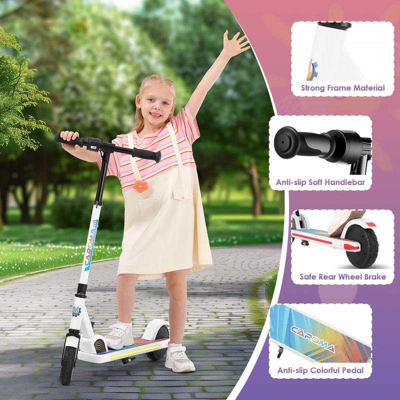 Caroma Electric Scooter for Kids Ages 6-14, 180W Motor & 10 Mph, 80 Mins Ride Time, Adjustable Height & Speed, LED Display & Colorful Lights, Kids Electric Scooter, Best Gift for Boys and Girls