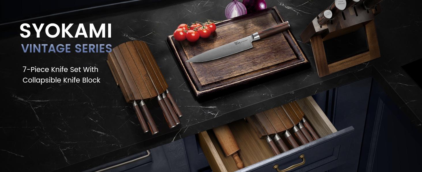 【TikTokShopSpringGlowUp】SYOKAMI Knife Set 7 Piece Japanese Style Kitchen Knife Set With Foldable Magnetic Acacia Wood Block Sharp High Carbon Stainless Steel Knives Set for Kitchen with Anti-slip Ergonomic Handle, Mother's Day Gift