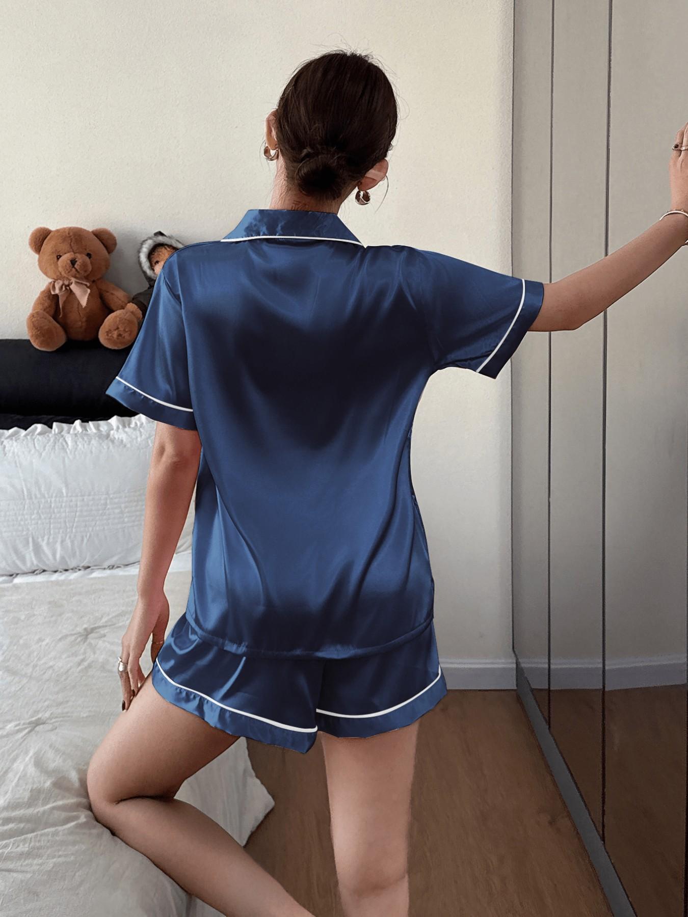 Women's Silk Sleepwear Set, Short Sleeve Homeewear, Soft Button Front, 2-Piece Satin Pajamas with Shorts, Spring & Fall