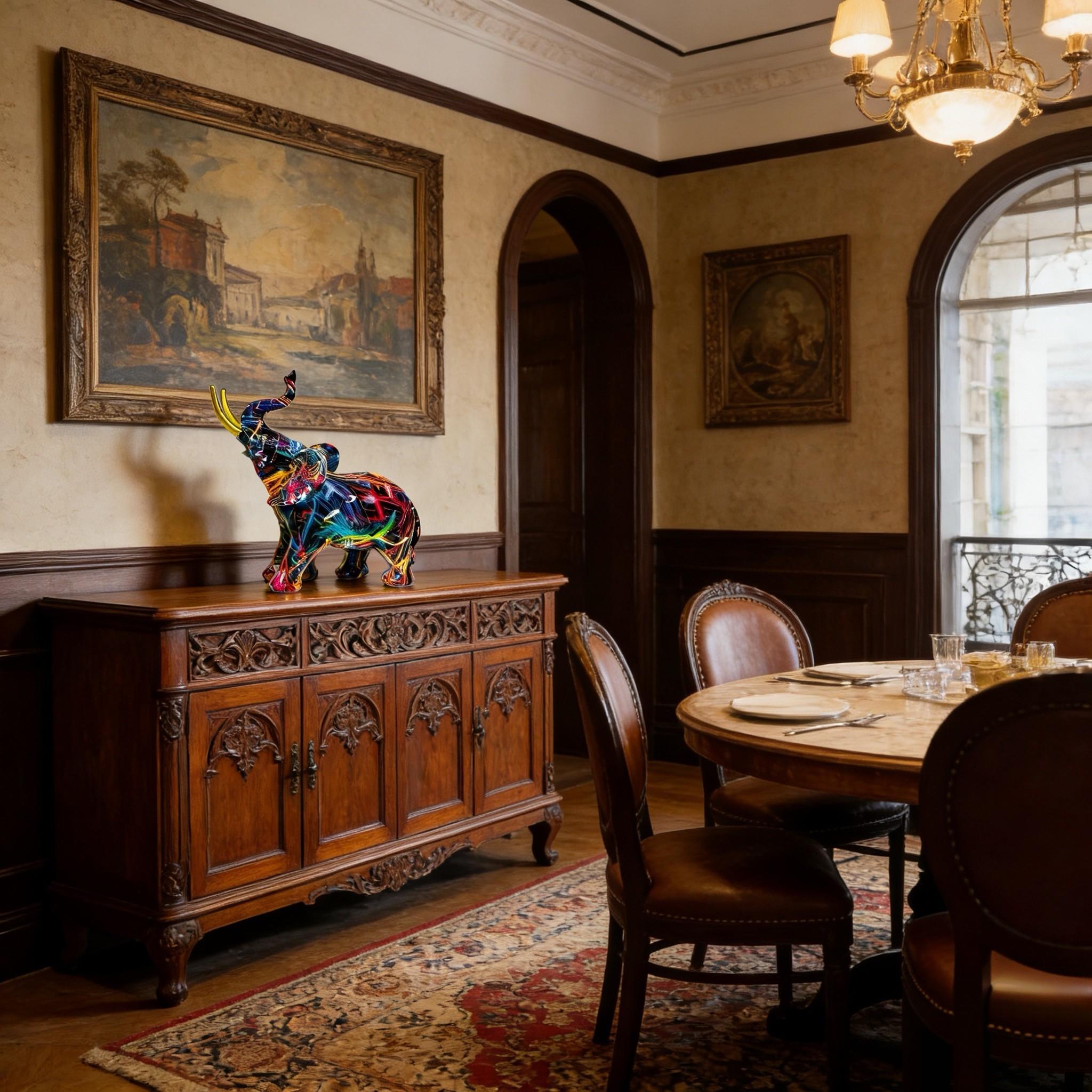 Colorful Resin Elephant Statue, Artistic Elephant Sculpture, Feng Shui Decor, Kitchen Office Shelf Home Decoration